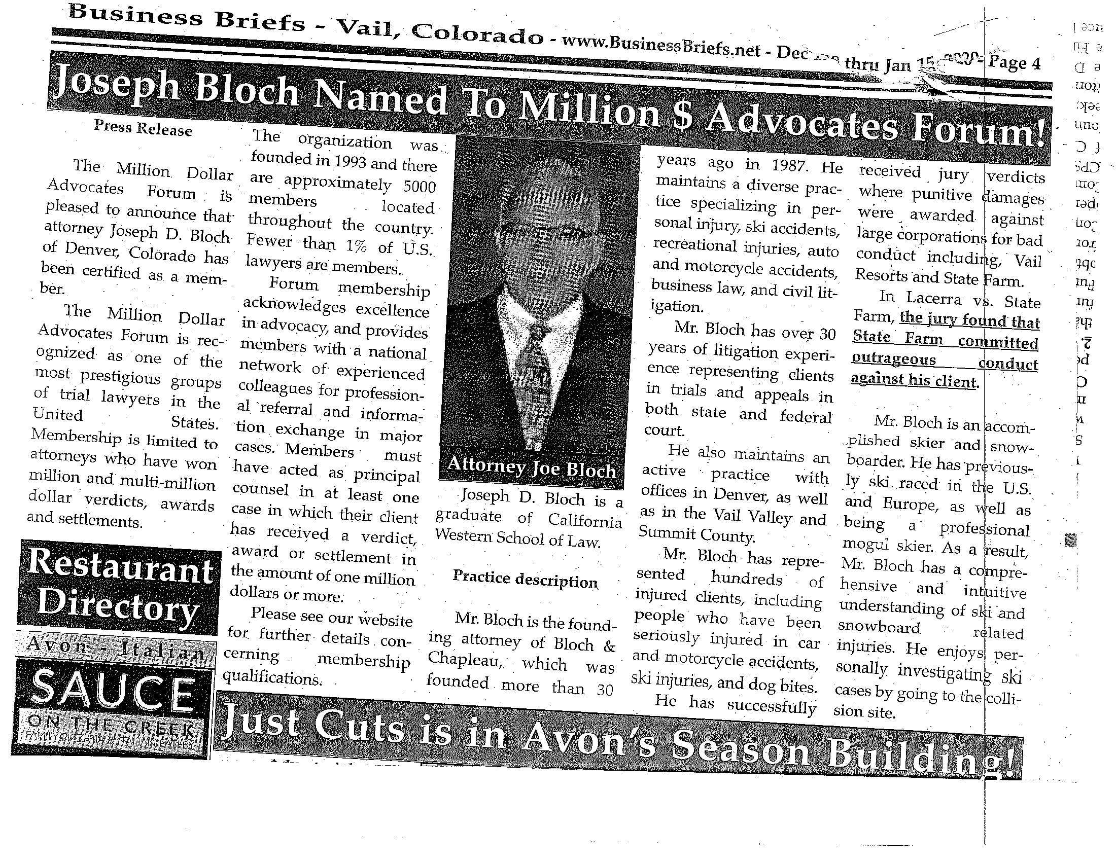Joseph D. Bloch Named To Million Dollar Advocates Forum.